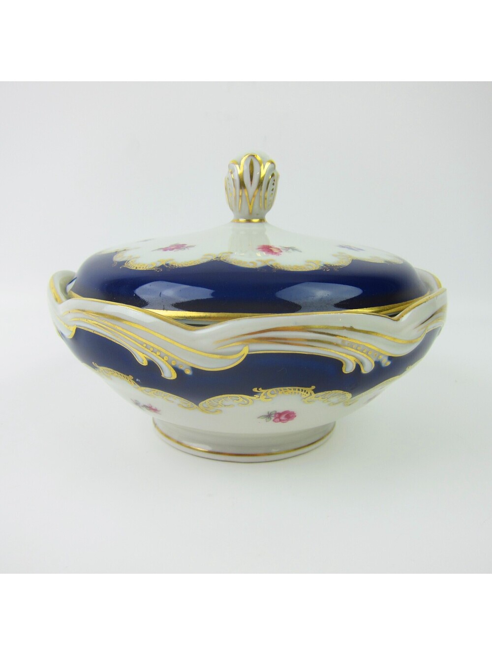 Vintage 1940s Sugar Bowl & Lid Cobalt Blue Gold Flowers Schwarzenhammer Bavaria